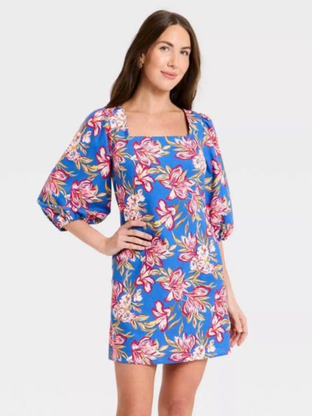 a new day Blue Floral Square-Neck Mini Linen Dress